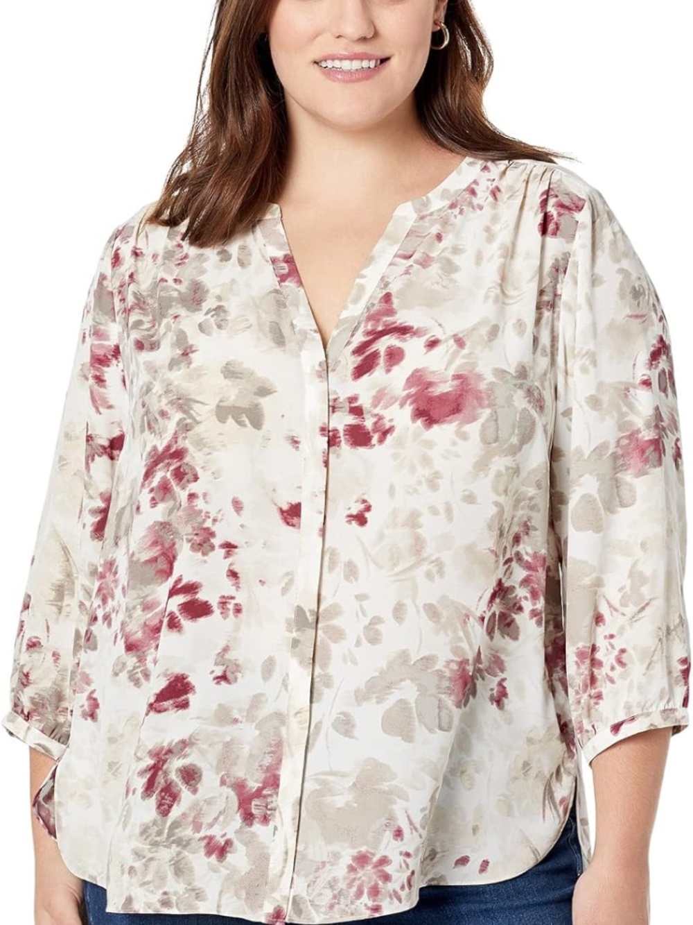 EUC Size 1X NYDJ Floral Print V-Neck Blouse in Cream with Burgundy and Taupe